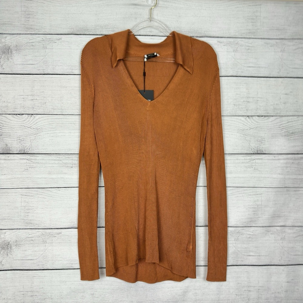 St. John NWT Ribbed Knit V-Neck Sweater Blouse Orange Sz Large Party Modern $495 - Picture 2 of 9